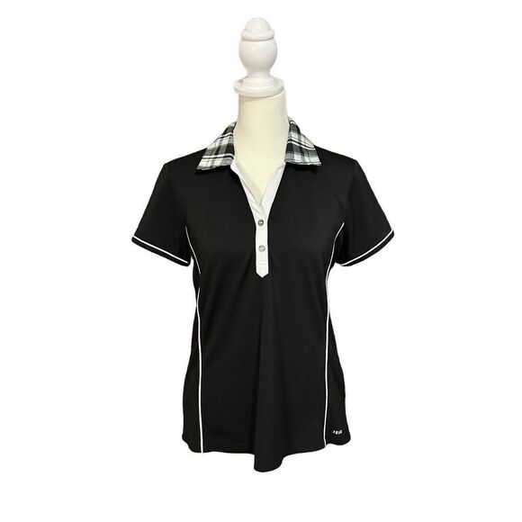 IZOD Golf Black & White Plaid Collar Short Sleeve Fitted Active Top Size Medium - Picture 1 of 10